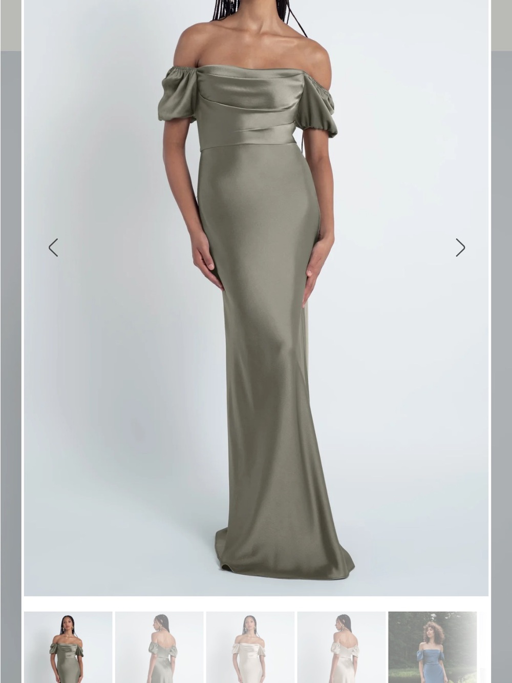 Jenny Yoo Olive Off-the-Shoulder Satin Maxi Gown